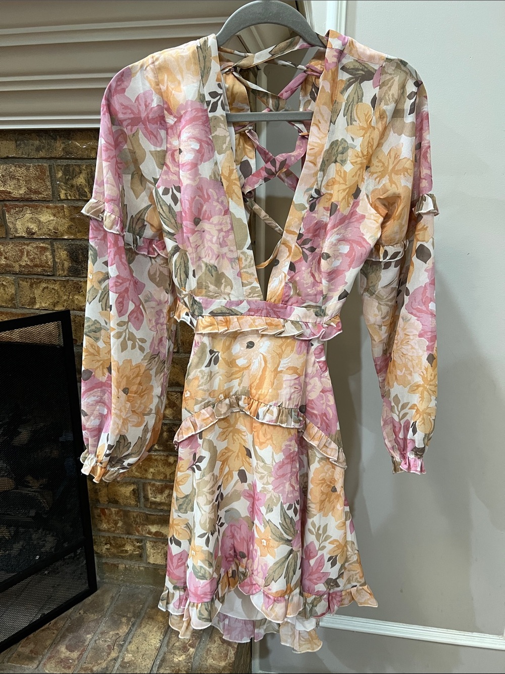 Showpo Pink & Cream Floral Ruffle Long Sleeve Dress